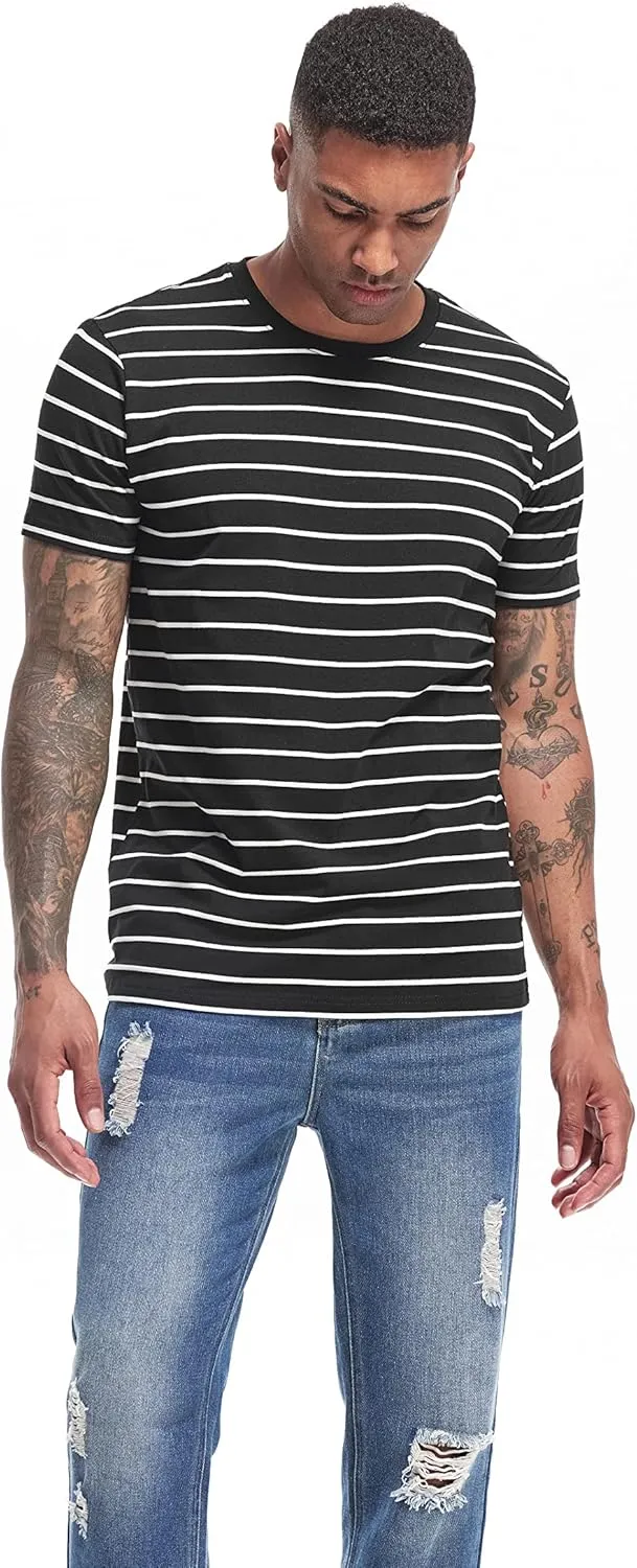 VEIISAR Men's Crewneck Striped T-Shirt Soft Elastic Cotton Tees
