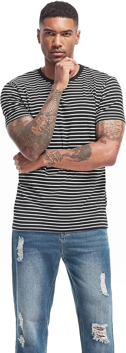 VEIISAR Men's Crewneck Striped T-Shirt Soft Elastic Cotton Tees