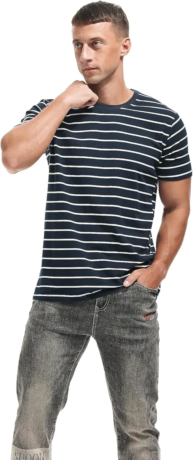 VEIISAR Men's Crewneck Striped T-Shirt Soft Elastic Cotton Tees