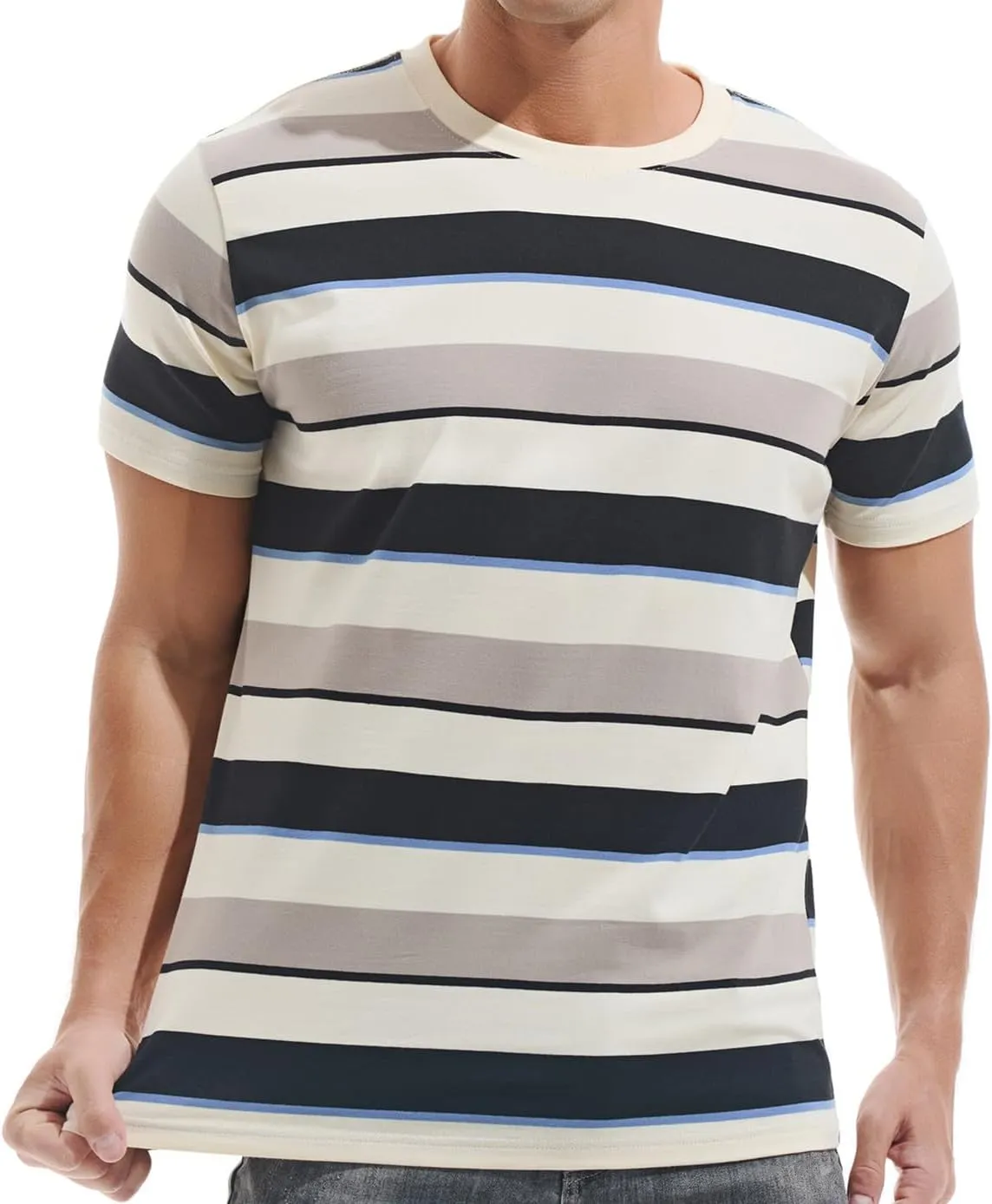 VEIISAR Men's Crewneck Striped T-Shirt Soft Elastic Cotton Tees