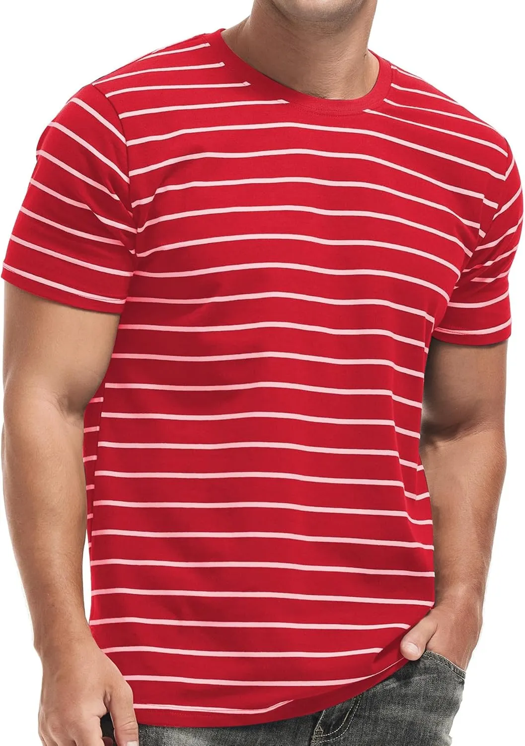 VEIISAR Men's Crewneck Striped T-Shirt Soft Elastic Cotton Tees