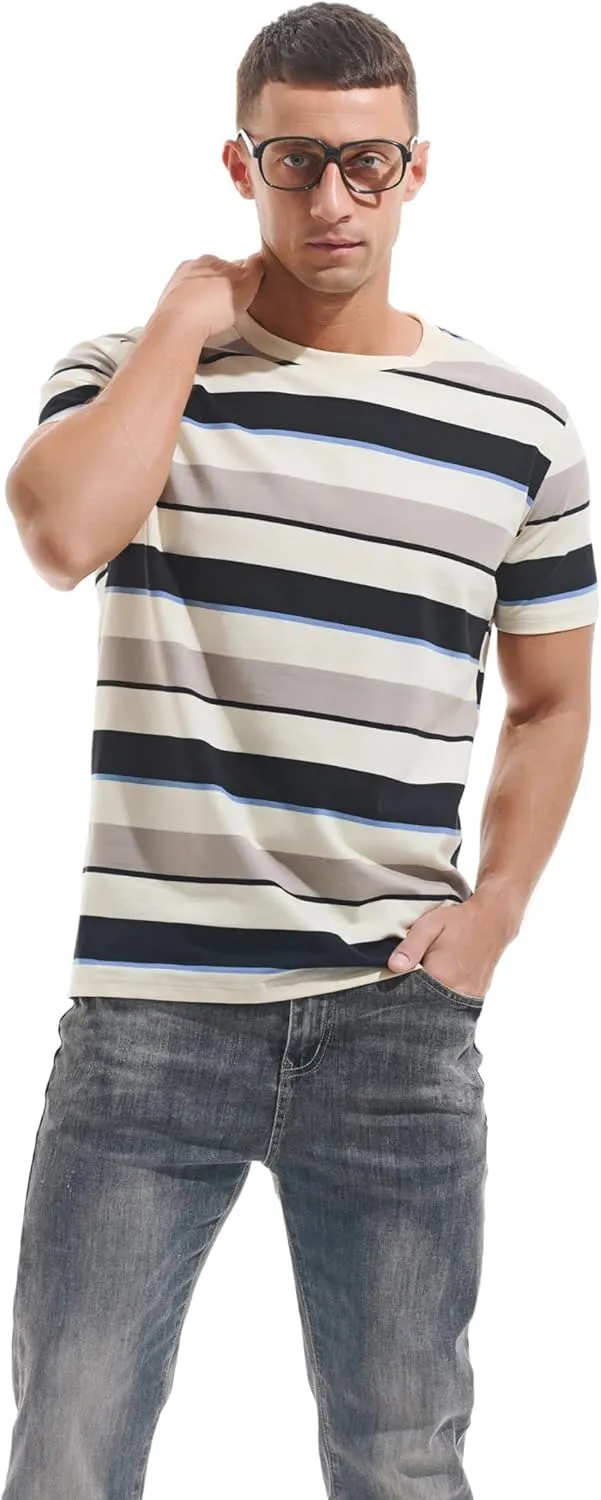 VEIISAR Men's Crewneck Striped T-Shirt Soft Elastic Cotton Tees