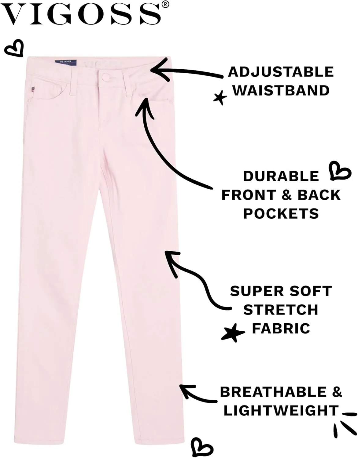 VIGOSS Girls' Jeans - Super Stretch Denim Skinny Jeans for Girls - Kids Adjustable Slim Fit Jeans (4-16)