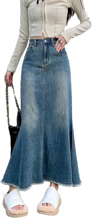 Vintage Distressed Fashion Midi Denim Skirts for Women High Waisted Trumpet Fishtail A Line Skirts