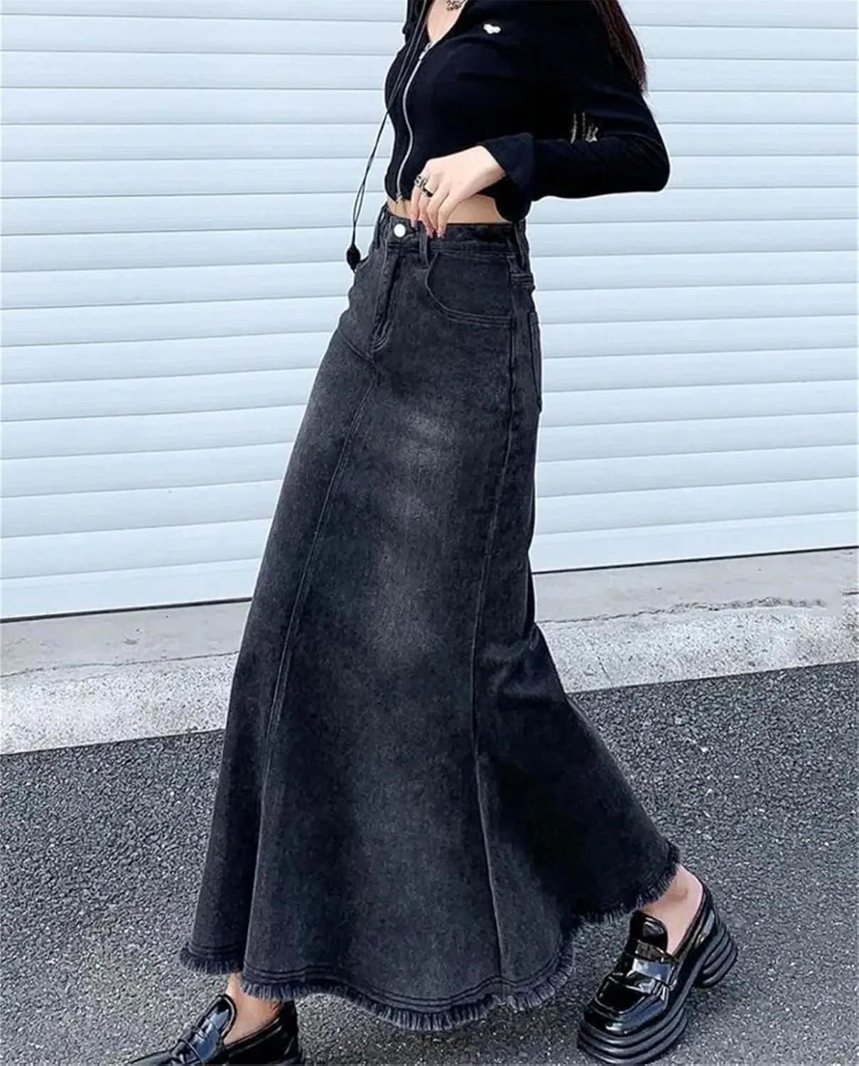 Vintage Distressed Fashion Midi Denim Skirts for Women High Waisted Trumpet Fishtail A Line Skirts