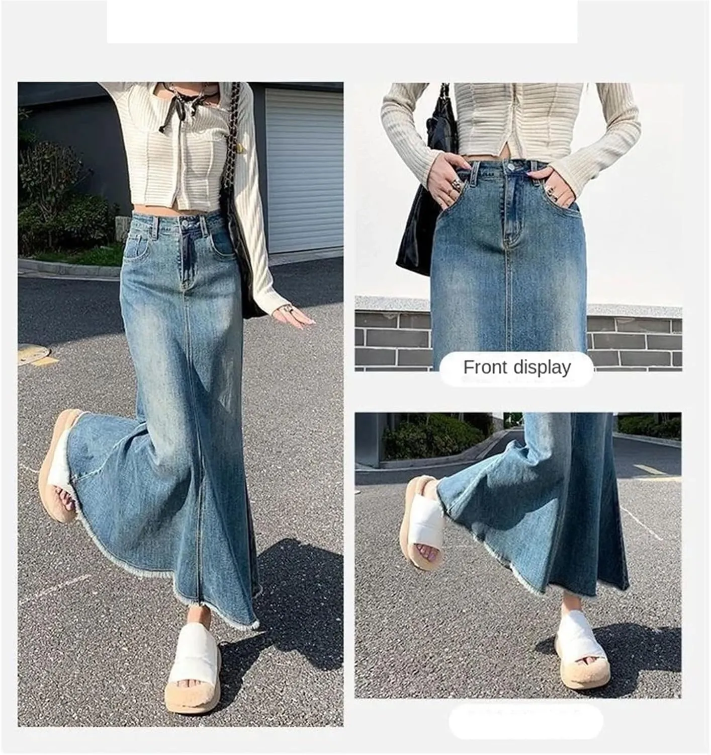 Vintage Distressed Fashion Midi Denim Skirts for Women High Waisted Trumpet Fishtail A Line Skirts