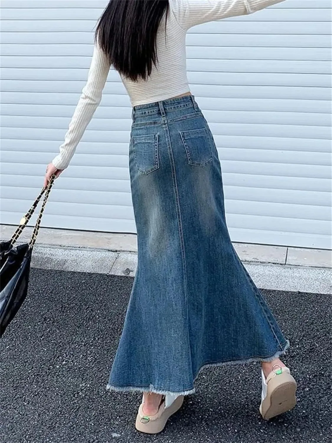 Vintage Distressed Fashion Midi Denim Skirts for Women High Waisted Trumpet Fishtail A Line Skirts