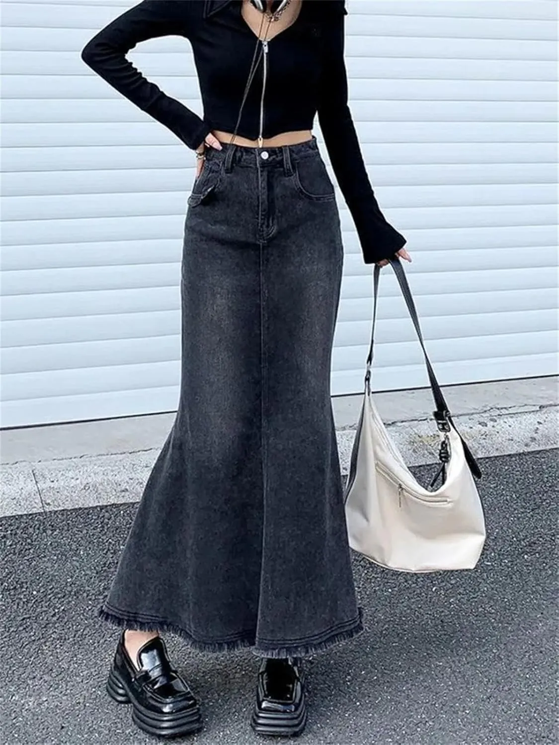 Vintage Distressed Fashion Midi Denim Skirts for Women High Waisted Trumpet Fishtail A Line Skirts