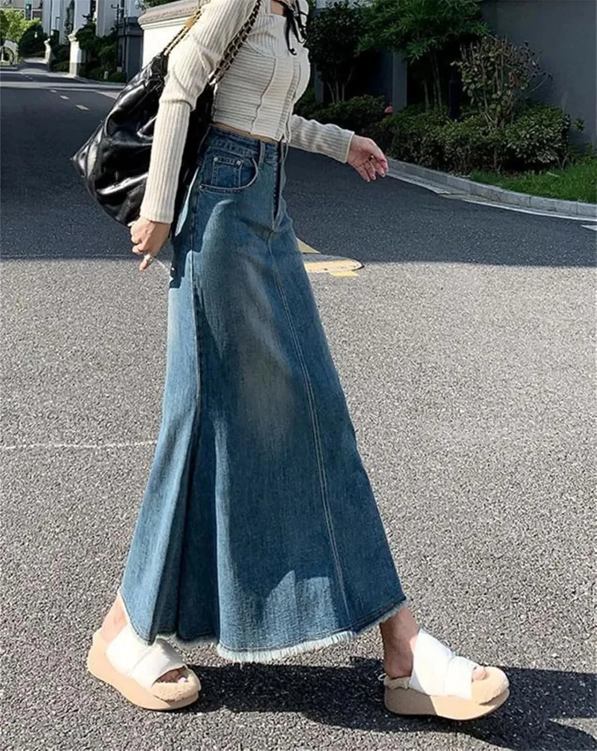 Vintage Distressed Fashion Midi Denim Skirts for Women High Waisted Trumpet Fishtail A Line Skirts