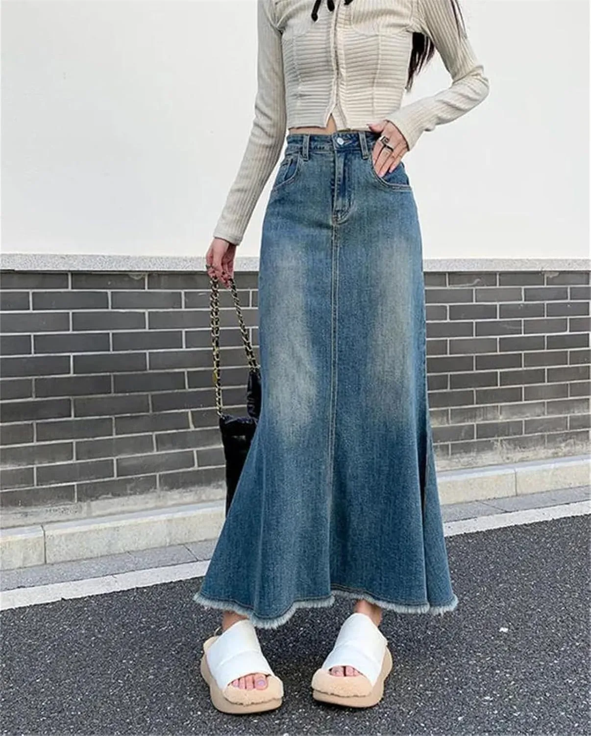 Vintage Distressed Fashion Midi Denim Skirts for Women High Waisted Trumpet Fishtail A Line Skirts