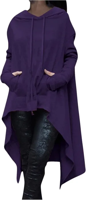 Vintage Long Hooded Sweatshirt for Women Solid Color High Low Hem Gothic Hoodies Long Sleeve Oversized Pocket Tops