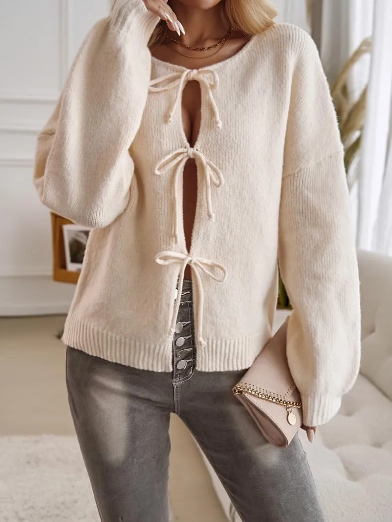 White Tie Front Sweater for Women Cardigan Sweaters Chunky Knit Puff Sleeve Trendy Sweaters Tops S~XL