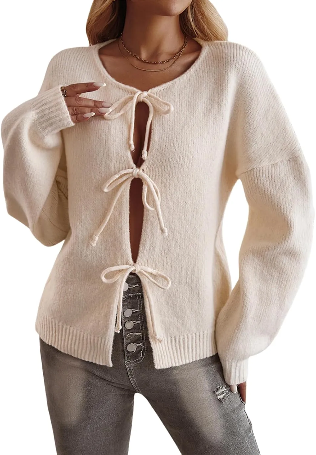 White Tie Front Sweater for Women Cardigan Sweaters Chunky Knit Puff Sleeve Trendy Sweaters Tops S~XL