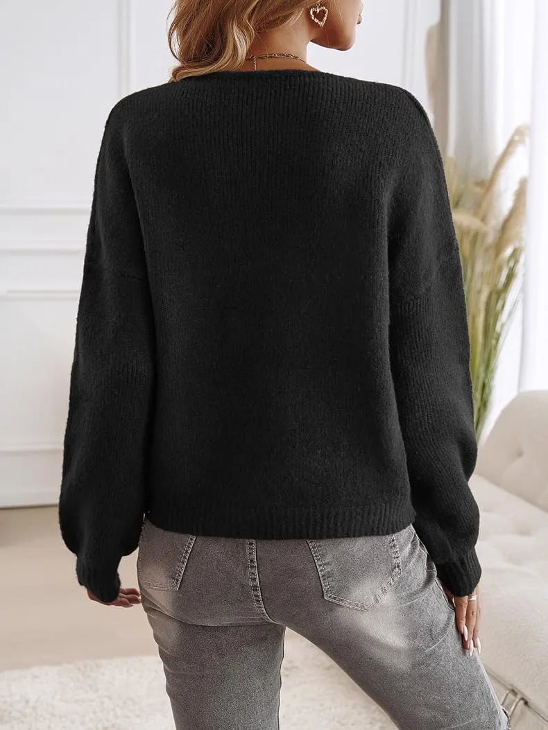 White Tie Front Sweater for Women Cardigan Sweaters Chunky Knit Puff Sleeve Trendy Sweaters Tops S~XL