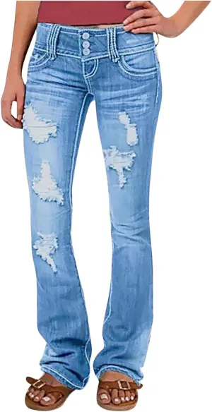 Wide Leg Jeans Woman Low Waisted Buttons Flare Denim Pants Street Distressed Bell Bottom Jeans Trendy Retro Jeans