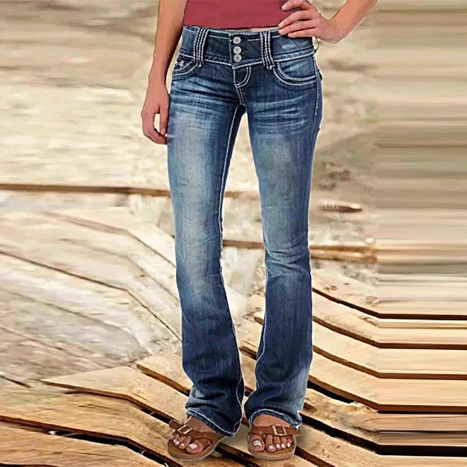 Wide Leg Jeans Woman Low Waisted Buttons Flare Denim Pants Street Distressed Bell Bottom Jeans Trendy Retro Jeans
