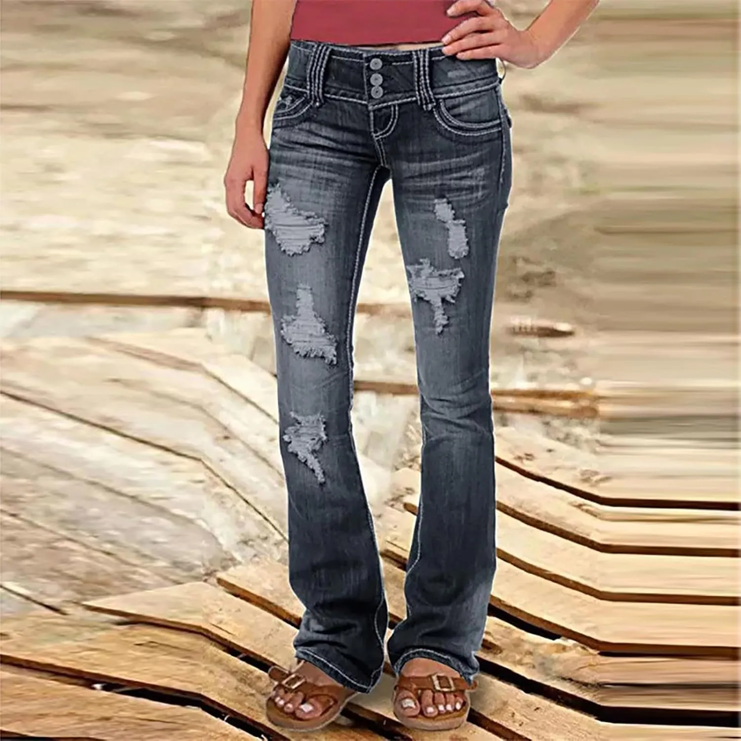 Wide Leg Jeans Woman Low Waisted Buttons Flare Denim Pants Street Distressed Bell Bottom Jeans Trendy Retro Jeans