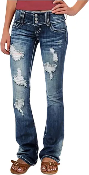 Wide Leg Jeans Woman Low Waisted Buttons Flare Denim Pants Street Distressed Bell Bottom Jeans Trendy Retro Jeans