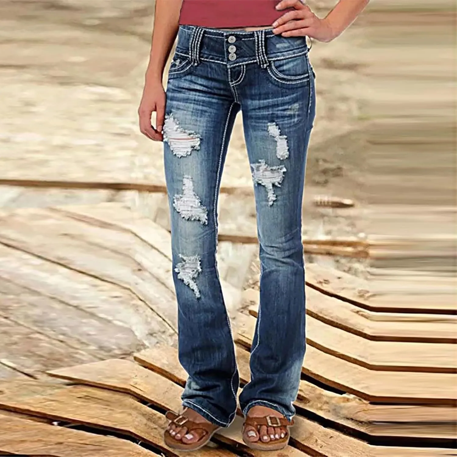 Wide Leg Jeans Woman Low Waisted Buttons Flare Denim Pants Street Distressed Bell Bottom Jeans Trendy Retro Jeans