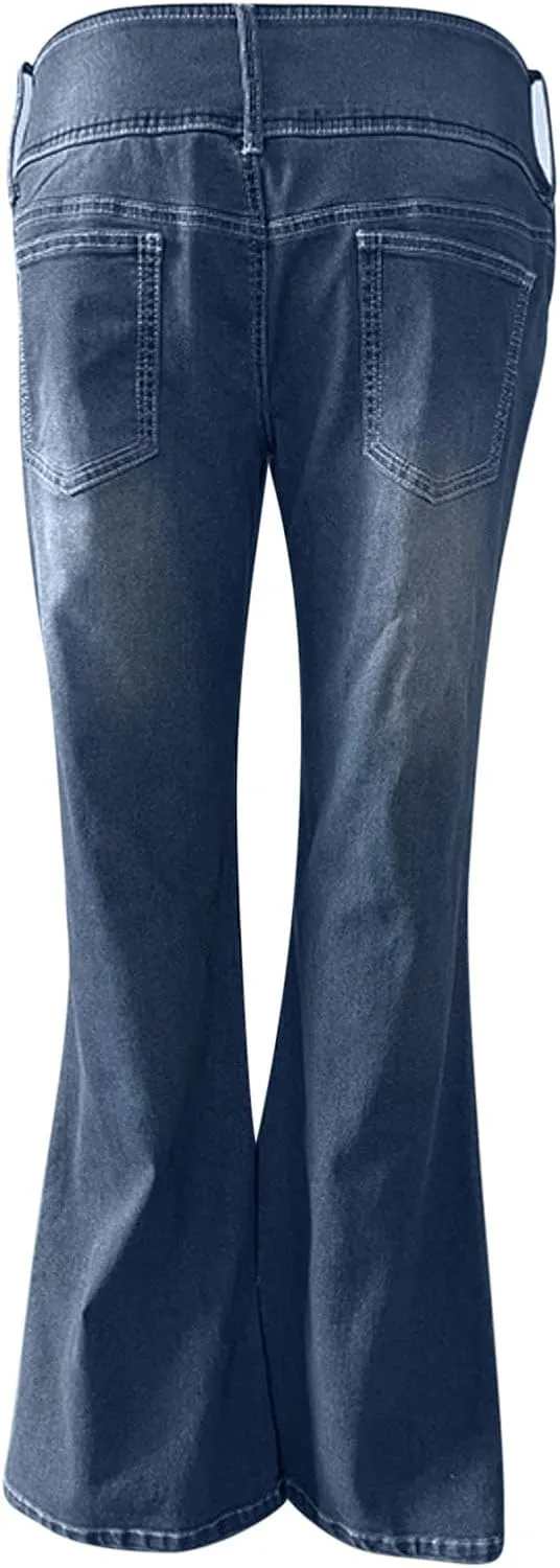 Wide Leg Jeans Woman Low Waisted Buttons Flare Denim Pants Street Distressed Bell Bottom Jeans Trendy Retro Jeans
