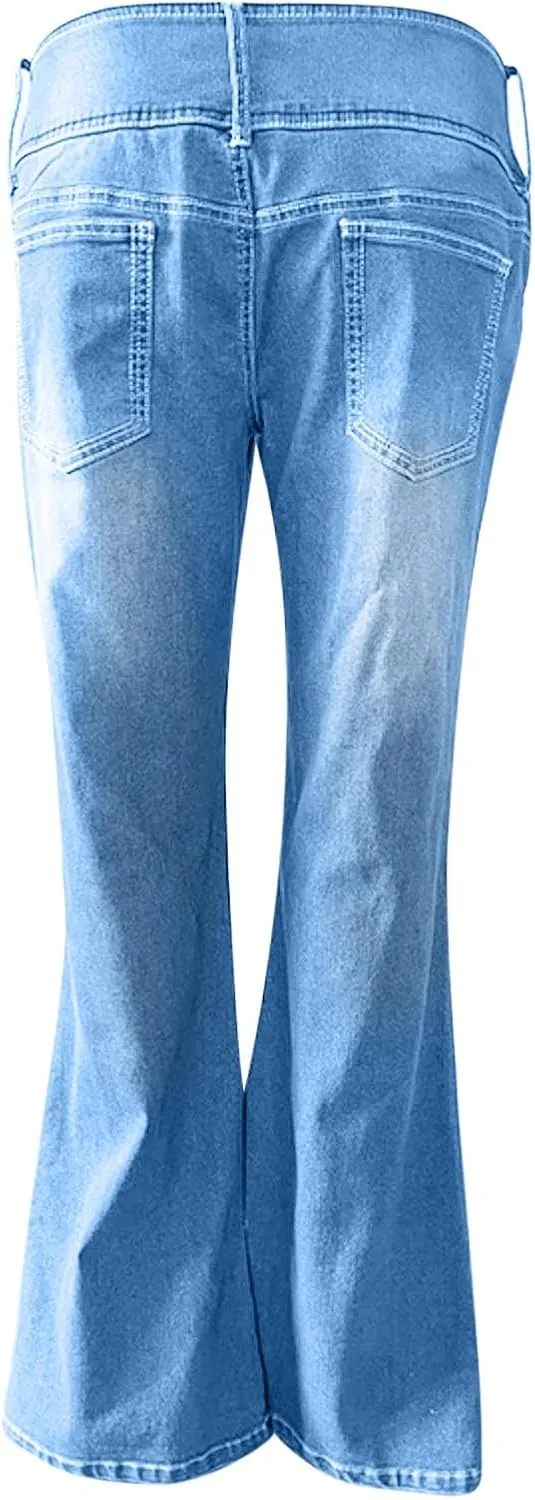 Wide Leg Jeans Woman Low Waisted Buttons Flare Denim Pants Street Distressed Bell Bottom Jeans Trendy Retro Jeans