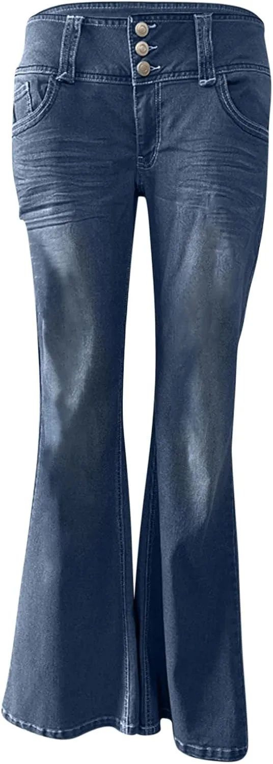 Wide Leg Jeans Woman Low Waisted Buttons Flare Denim Pants Street Distressed Bell Bottom Jeans Trendy Retro Jeans