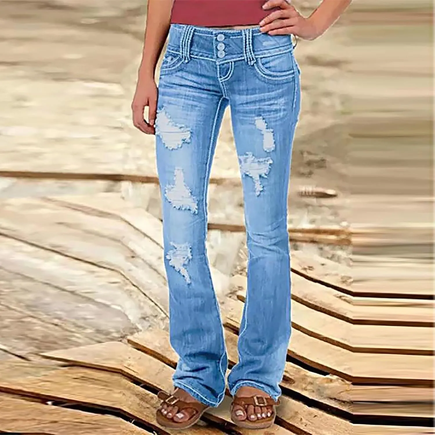 Wide Leg Jeans Woman Low Waisted Buttons Flare Denim Pants Street Distressed Bell Bottom Jeans Trendy Retro Jeans