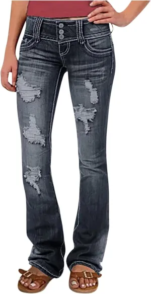 Wide Leg Jeans Woman Low Waisted Buttons Flare Denim Pants Street Distressed Bell Bottom Jeans Trendy Retro Jeans