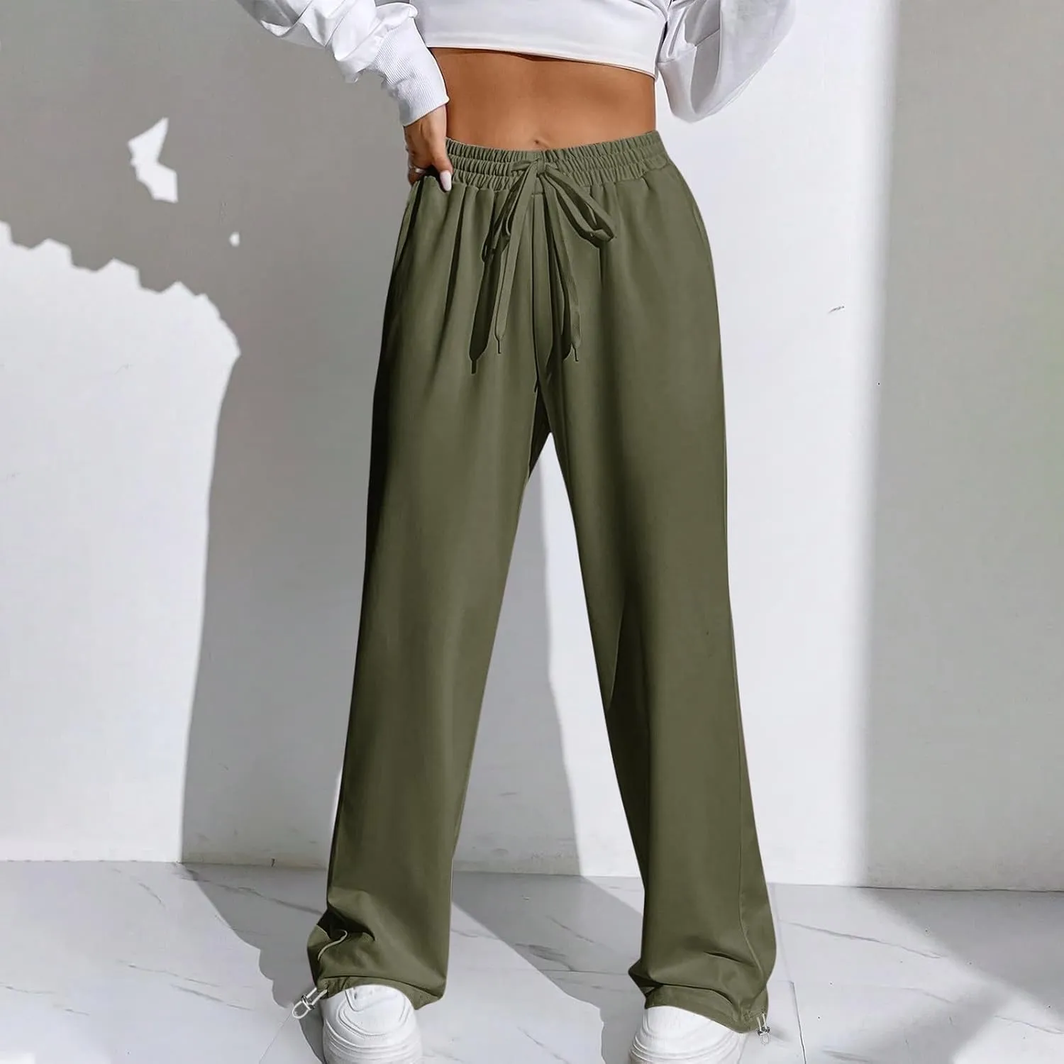 Wide Leg Jogging Pants Women High Waisted Drawstring Pants Soft Comfortable Pants Solid Color Sweatpants for Sports