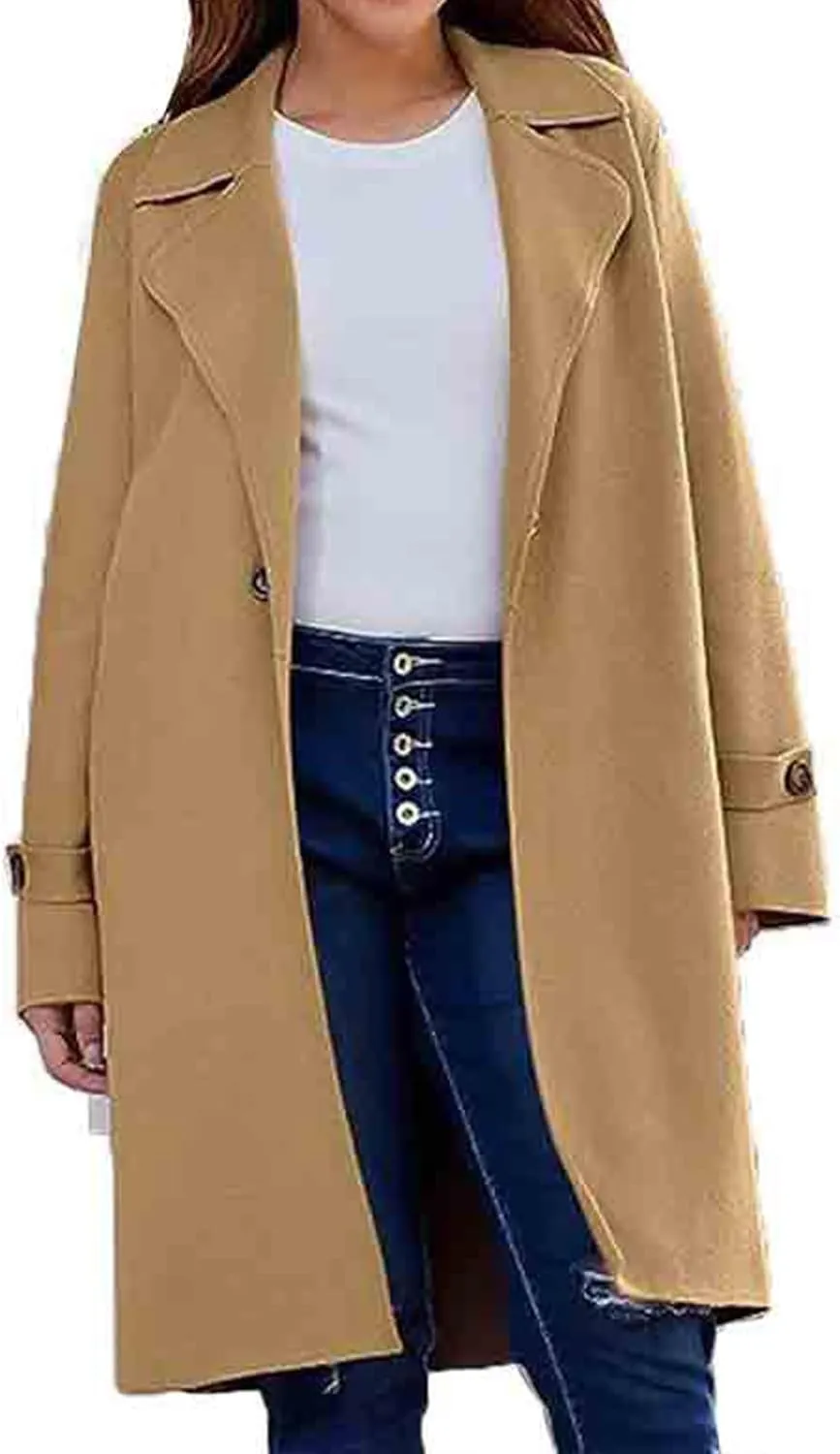 Winter Coats for Women Casual Loose Lapel One Button Trench Coat Wool Blend Overcoat Solid Color Thick Warm Outwear