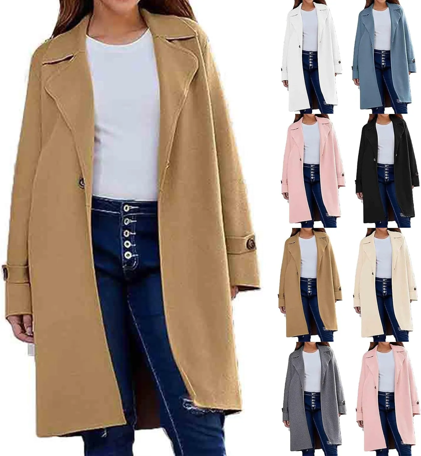 Winter Coats for Women Casual Loose Lapel One Button Trench Coat Wool Blend Overcoat Solid Color Thick Warm Outwear