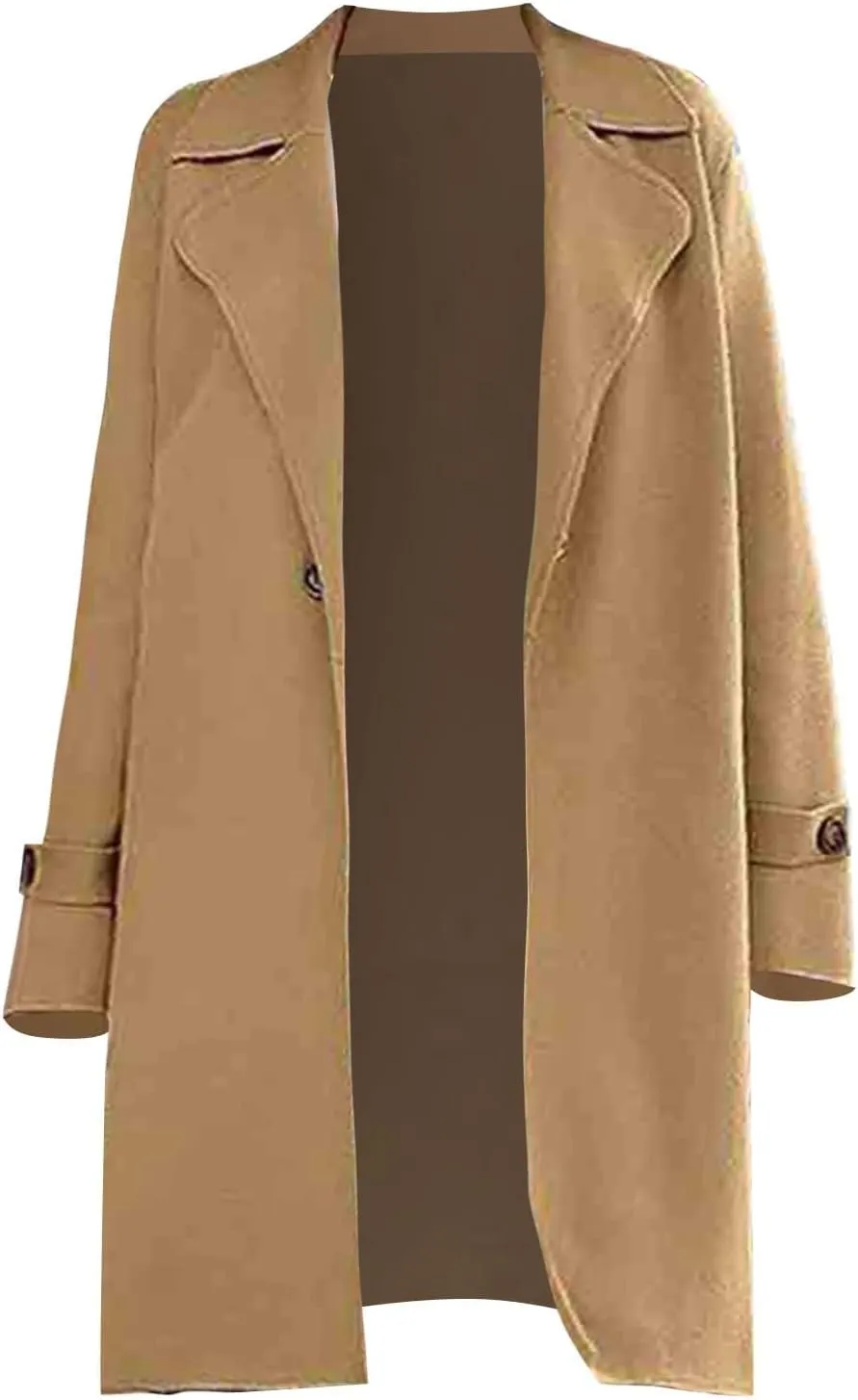 Winter Coats for Women Casual Loose Lapel One Button Trench Coat Wool Blend Overcoat Solid Color Thick Warm Outwear