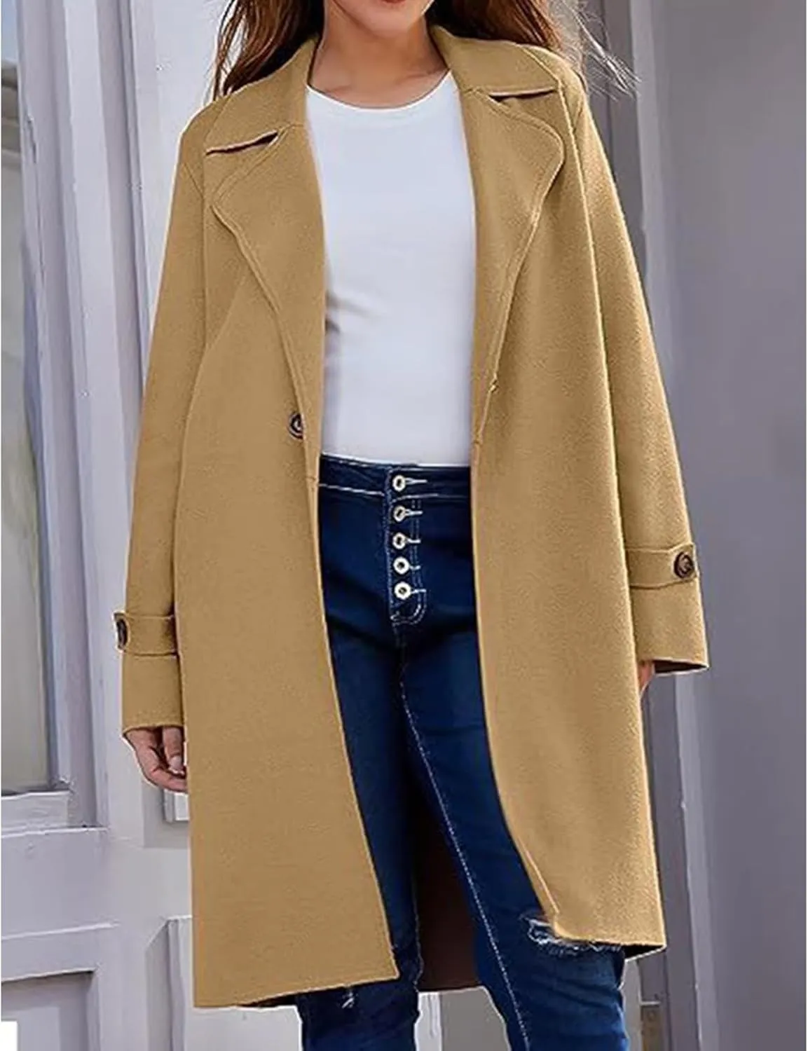 Winter Coats for Women Casual Loose Lapel One Button Trench Coat Wool Blend Overcoat Solid Color Thick Warm Outwear