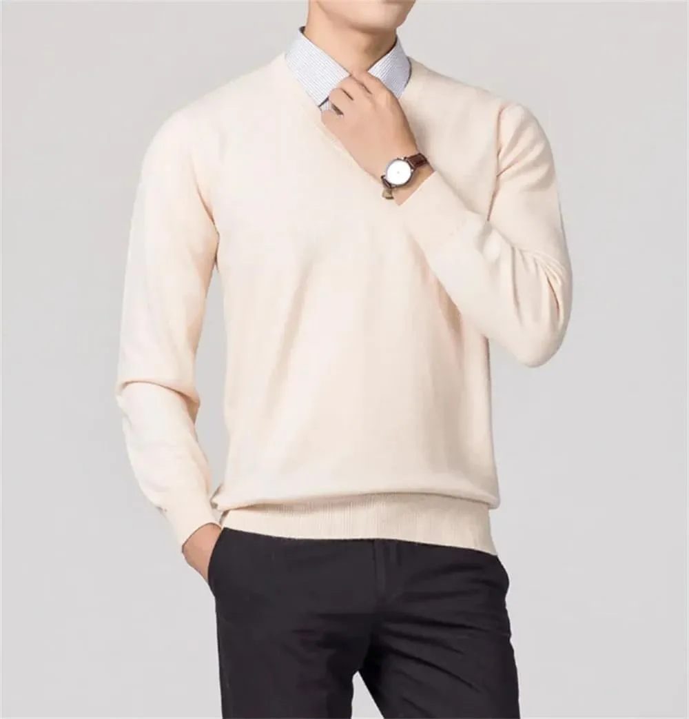 Winter Men's Cashmere Blend Sweater Classic V-Neck Pullover Sweater Business Casual Sweater