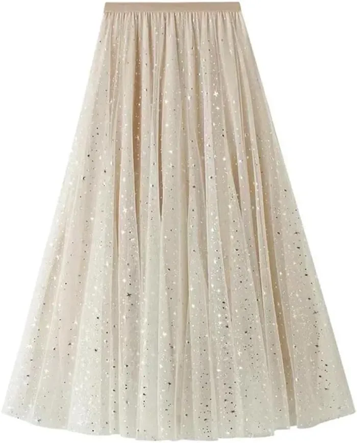Wjnvfioo Women Mesh Skirts Sequin Layered A-Line Elegant Mid Length Skirts