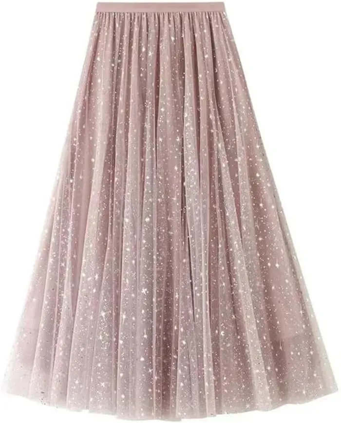 Wjnvfioo Women Mesh Skirts Sequin Layered A-Line Elegant Mid Length Skirts