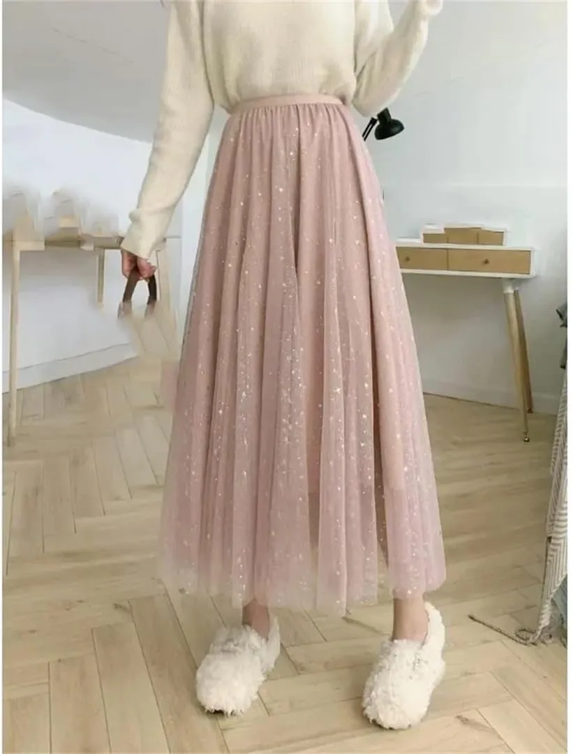 Wjnvfioo Women Mesh Skirts Sequin Layered A-Line Elegant Mid Length Skirts
