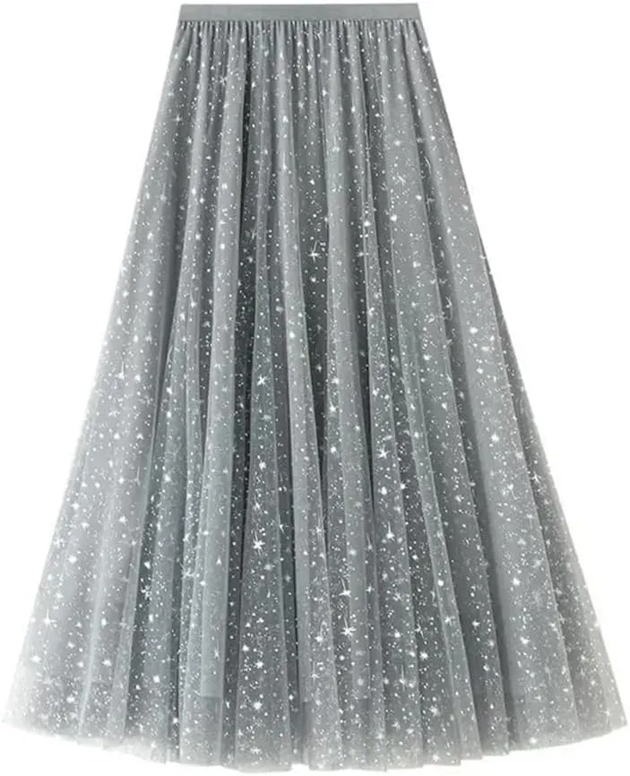 Wjnvfioo Women Mesh Skirts Sequin Layered A-Line Elegant Mid Length Skirts