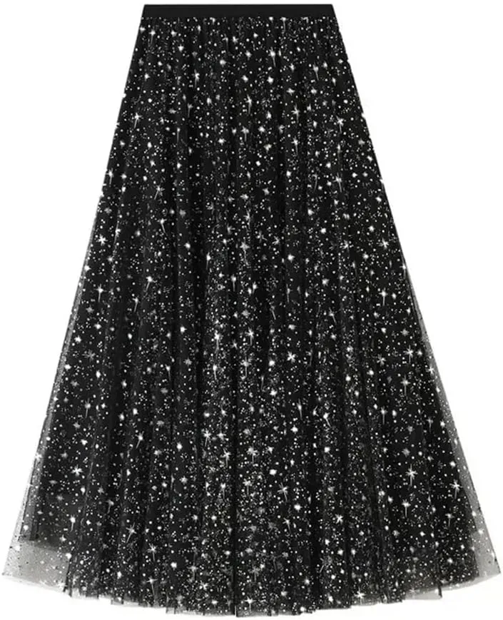 Wjnvfioo Women Mesh Skirts Sequin Layered A-Line Elegant Mid Length Skirts