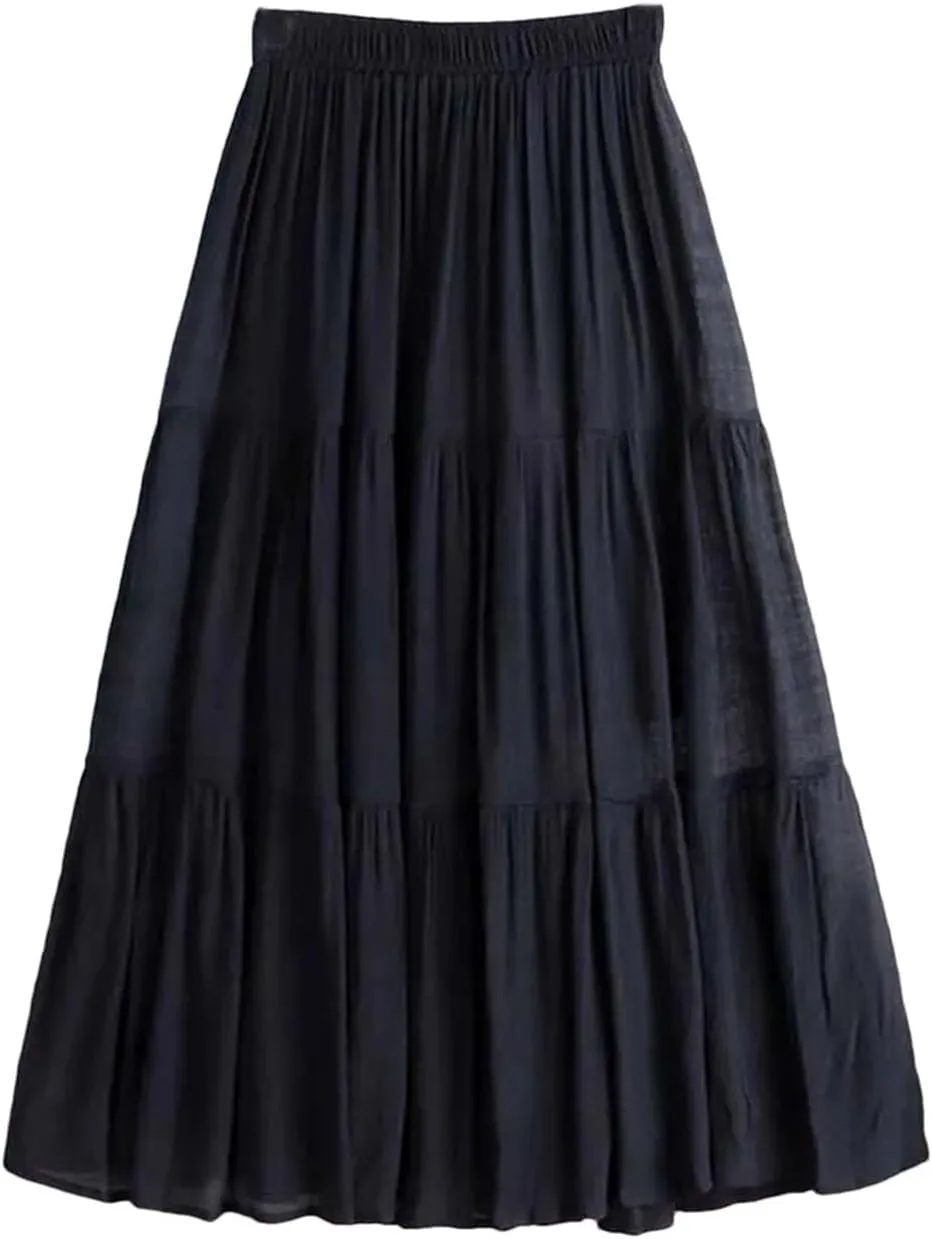 Woman Summer A-Line Maxi Skirt Solid Patchwork Skirts Mini Casual Loose Pleated Skirts