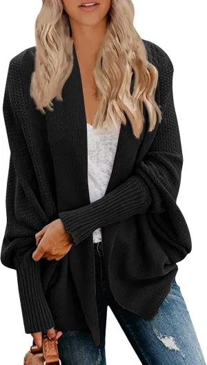 Women 2024 Open Front Long Sleeve Cable Knitted Hooded Knit Oversized Cardigan Sweaters Color Block Outwear Coat