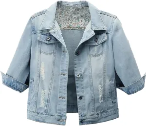 Women Autumn 3/4 Sleeve Retro Short Denim Jackets Light Blue Jean Coats Cropped Trucker Jean Jackets Coats 2024
