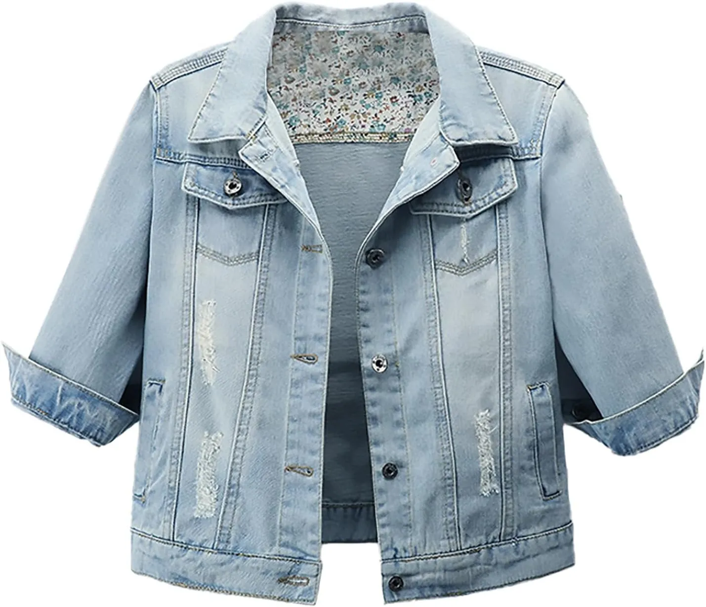 Women Autumn 3/4 Sleeve Retro Short Denim Jackets Light Blue Jean Coats Cropped Trucker Jean Jackets Coats 2024