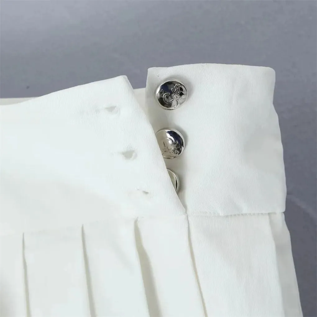 Women Buttons Pleated Skirt Office Casual A-Line Mini Skirts