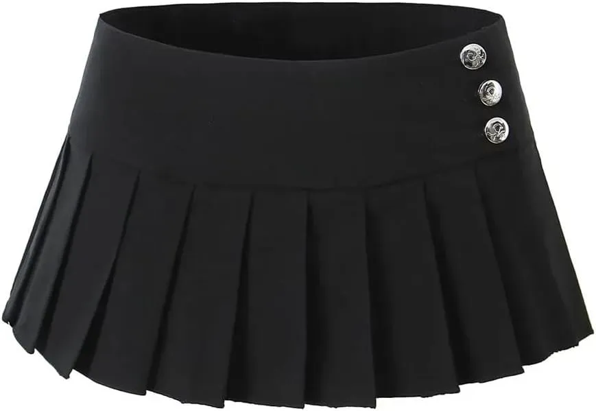 Women Buttons Pleated Skirt Office Casual A-Line Mini Skirts