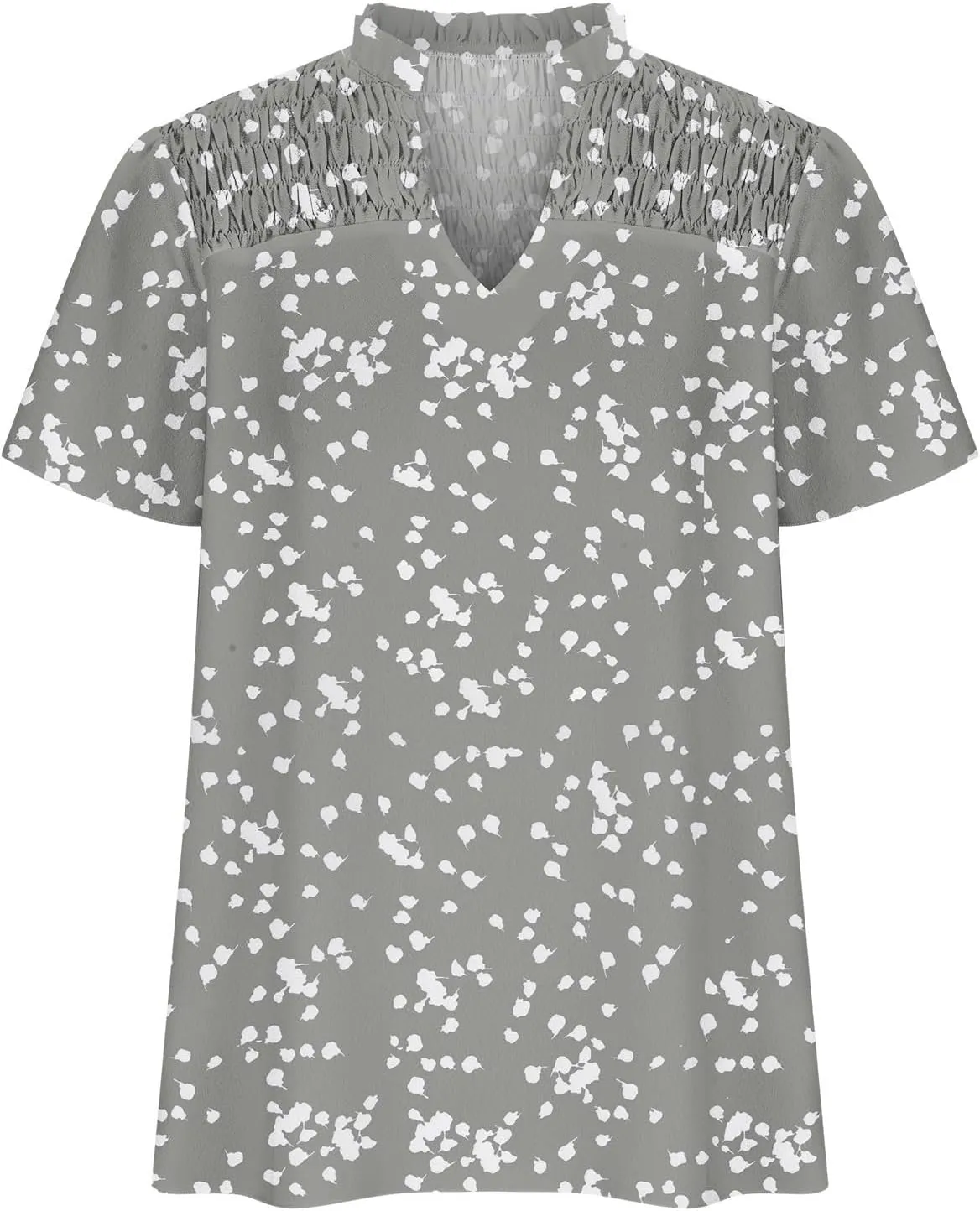 Women Casual V Neck Floral Print Smocked Short Sleeve Blouses Fashion Stand Collar Bohemian Tops Summer Vacation Shirts
