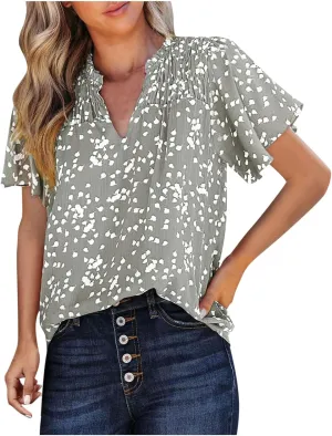 Women Casual V Neck Floral Print Smocked Short Sleeve Blouses Fashion Stand Collar Bohemian Tops Summer Vacation Shirts