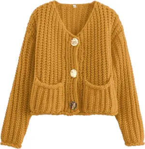 Women Chunky Knit Sweaters Cardigan Button Down Crewneck Long Sleeve Crop Crochet Sweater Coat with Pockets