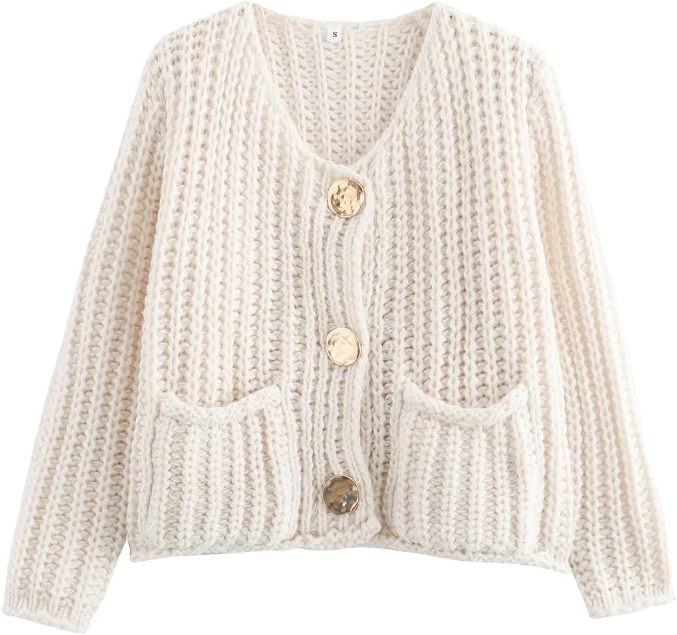 Women Chunky Knit Sweaters Cardigan Button Down Crewneck Long Sleeve Crop Crochet Sweater Coat with Pockets