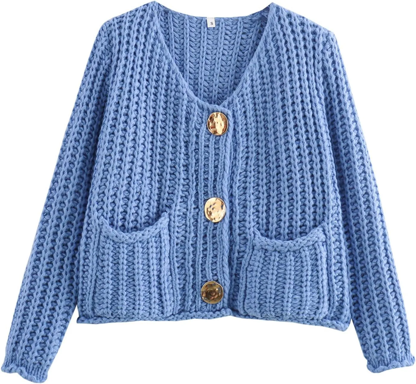 Women Chunky Knit Sweaters Cardigan Button Down Crewneck Long Sleeve Crop Crochet Sweater Coat with Pockets